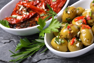 Pickled olives and tomatoes